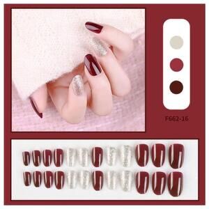 Maroon And Silver Press On Nail Set of 24